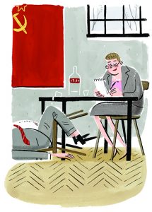 Illustration of Martha Brill Olcott recording notes while a Soviet official has fallen drunkenly out of his chair.