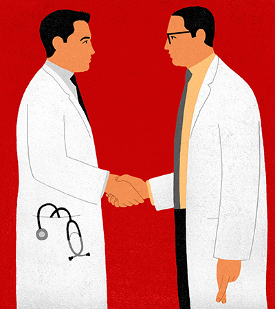 Illustration of two doctors shaking hands, one with his fingers crossed in his other hand