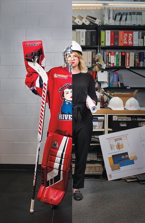 Composite of Kimberly Sass '12 in hockey gear and office wear