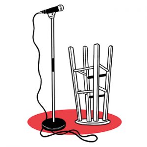 illustration of microphone and upside-down stool