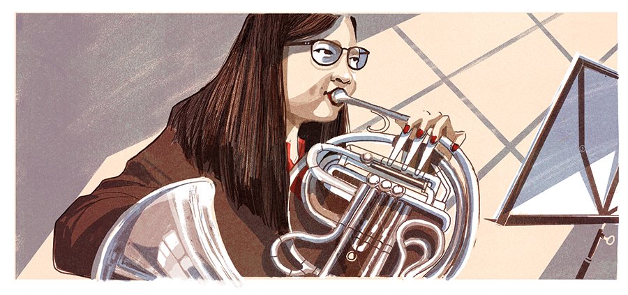 illustration of a girl playing the french horn