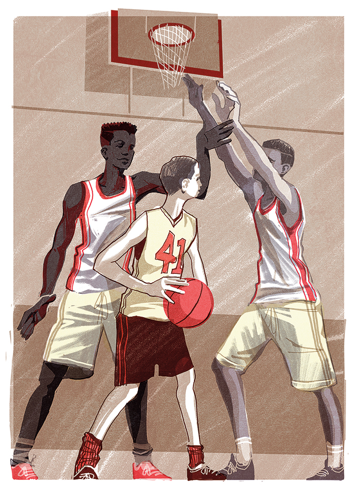 illustration of a short boy being overtowered by taller boys while playing basketball