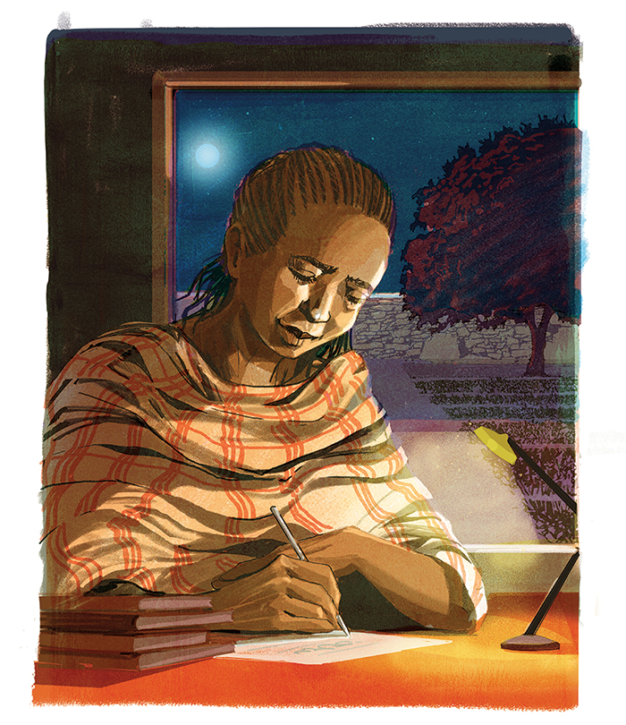 illustration of a woman studying at night with a small desk light