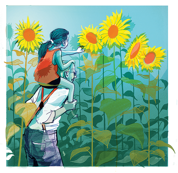 illustration of a grandfather giving his granddaughter a piggyback ride through tall sunflowers
