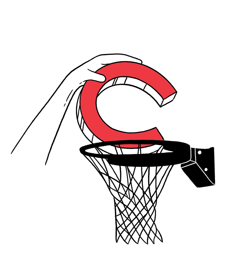 illustration of hand dunking a Colgate C into a hoop