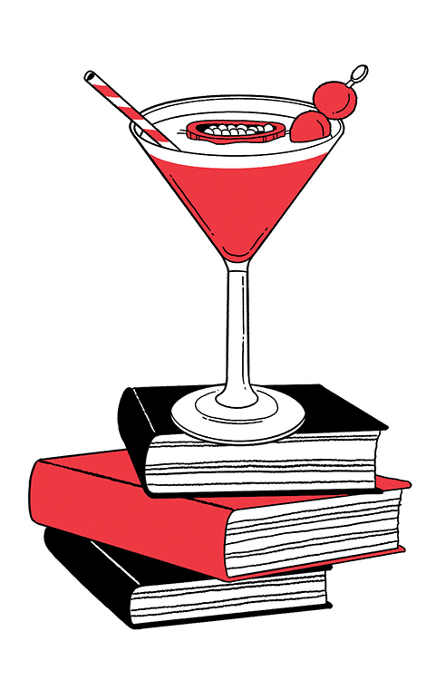 illustration of cocktail resting on stacked books