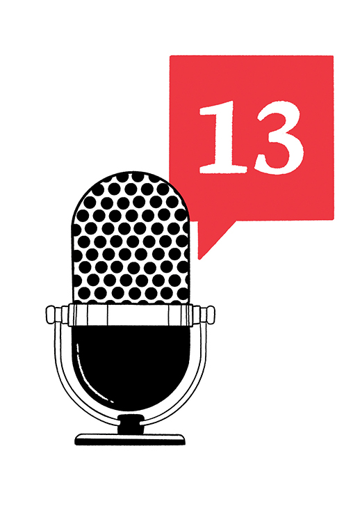 illustration of microphone with "13" podcast logo