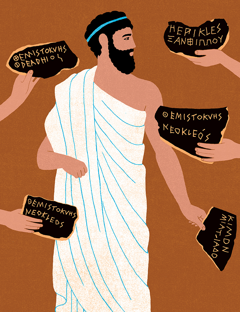 An illustration of a Greek man being handed shards of a clay pot with writing on them