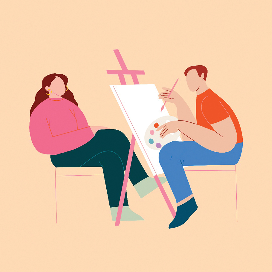 modern, bright illustration of a man painting a woman on an easel