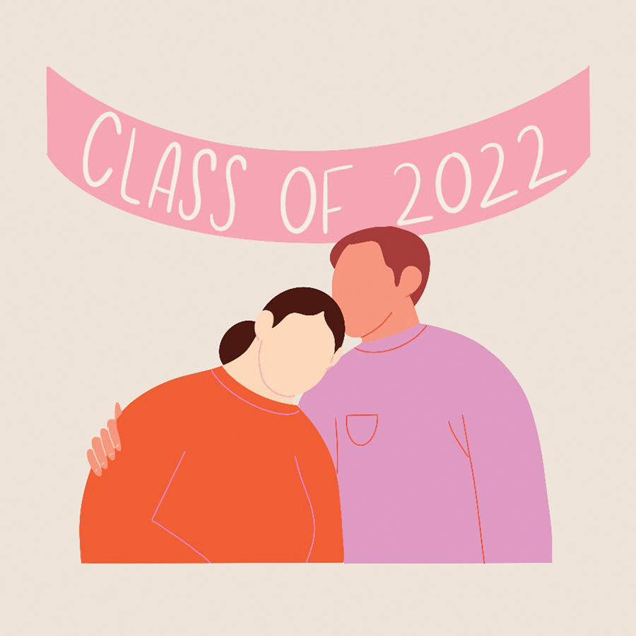 A modern illustration of a man and a woman hugging under a banner that says "Class of 2022"