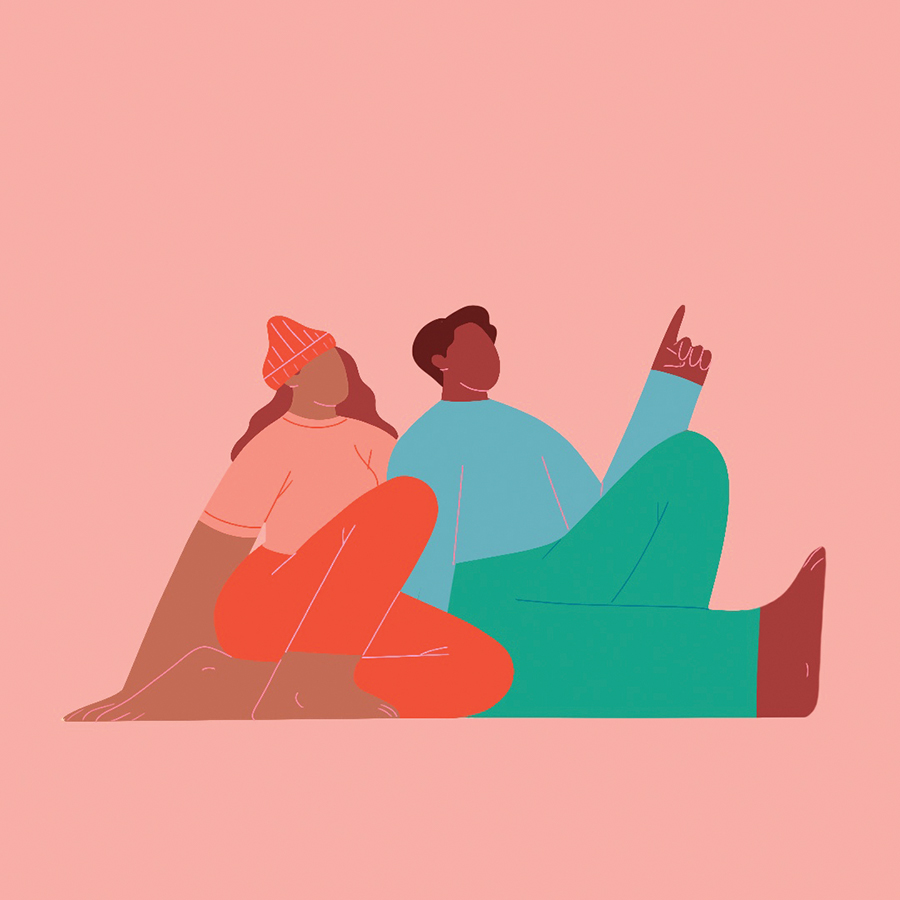 a modern illustration of a man and a woman wearing a beanie hat sitting together and talking