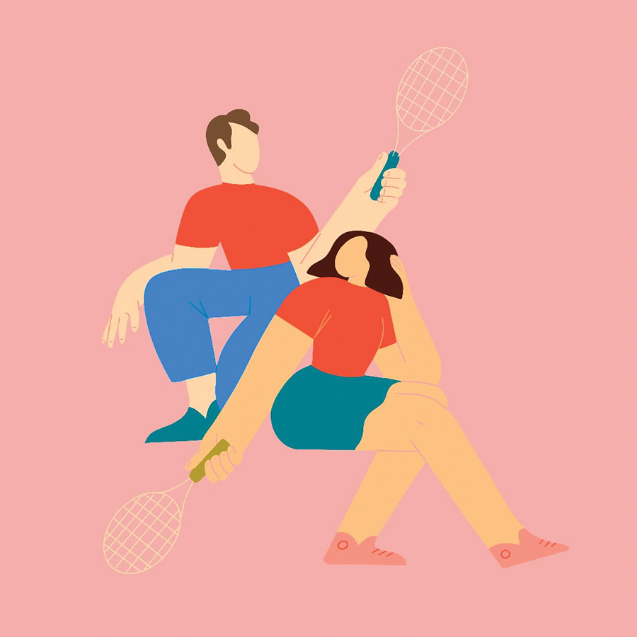 a modern illustration with soothing bright colors of a man and a woman playing tennis