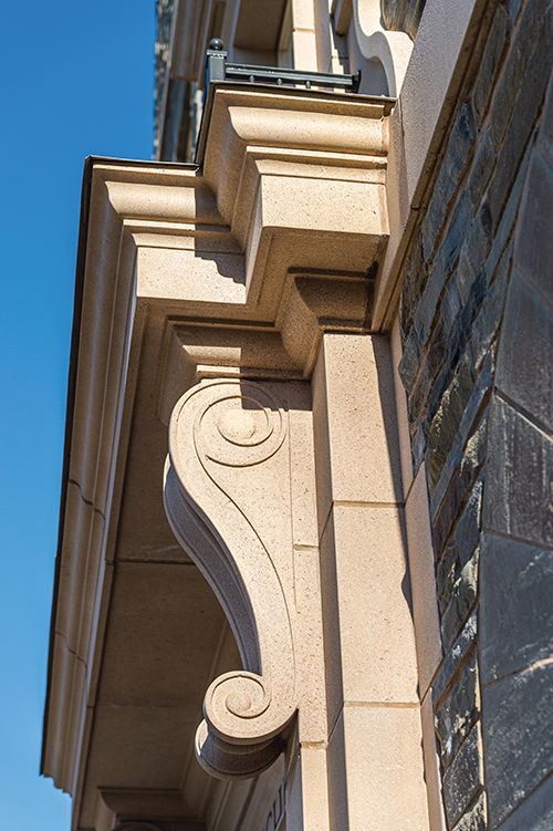swirly architectural detail near Jane Pinchin Hall's molding