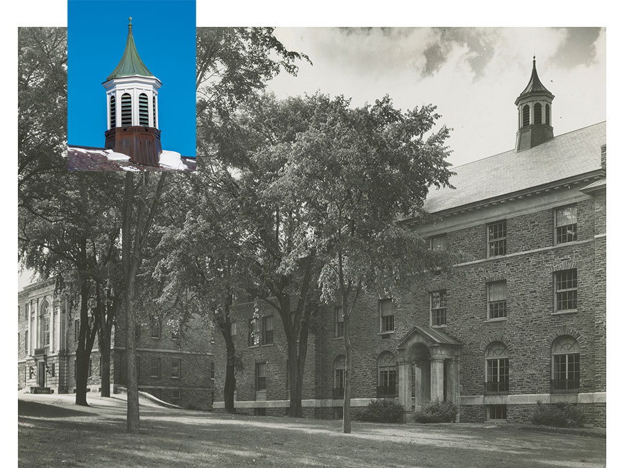 a collage of architectural details of McGregory Hall, including an archival black and white image