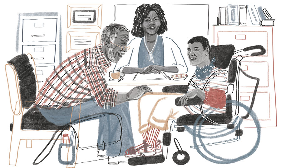 Illustration of grandparents sitting with grandson in a wheelchair at a table