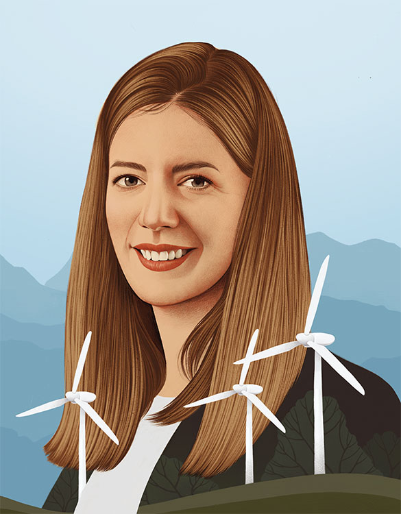 realistic illustration of Britta Von Oesen with hills in the backgound and wind mills in the foreground