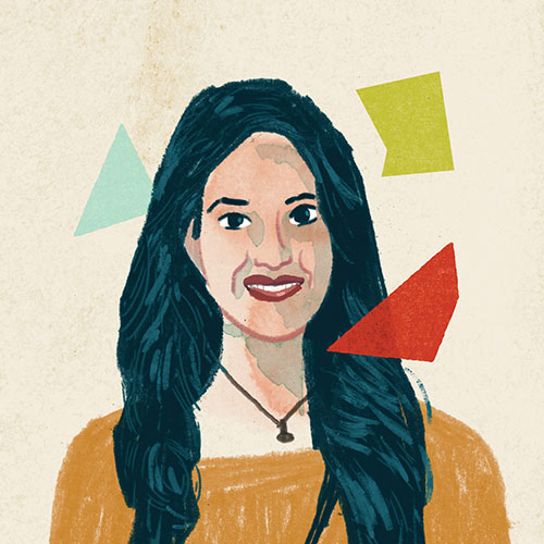 portrait of emily kahn with abstract geometric colorful blocks floating around