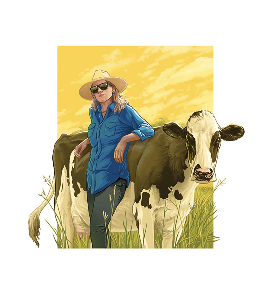 woman leans back, posing with cow, in illustration