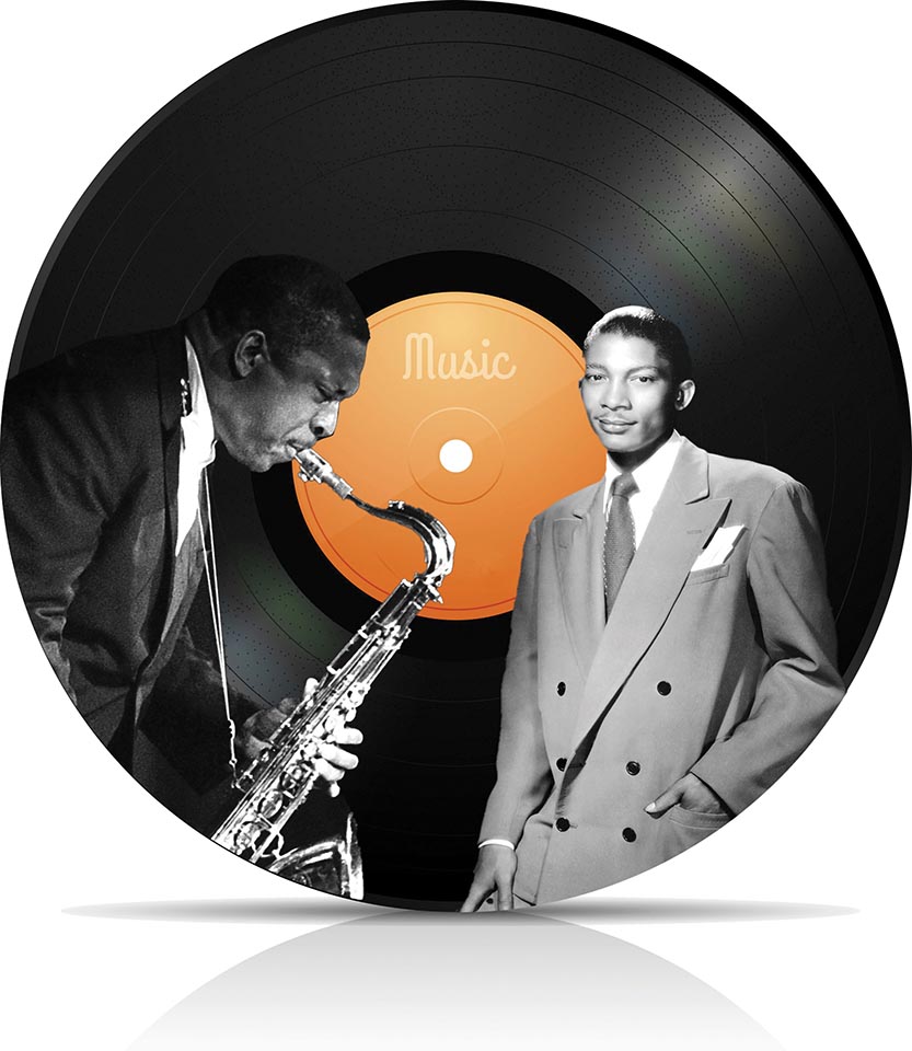 Collage image of John Coltrane and Johnny Hartman over a record