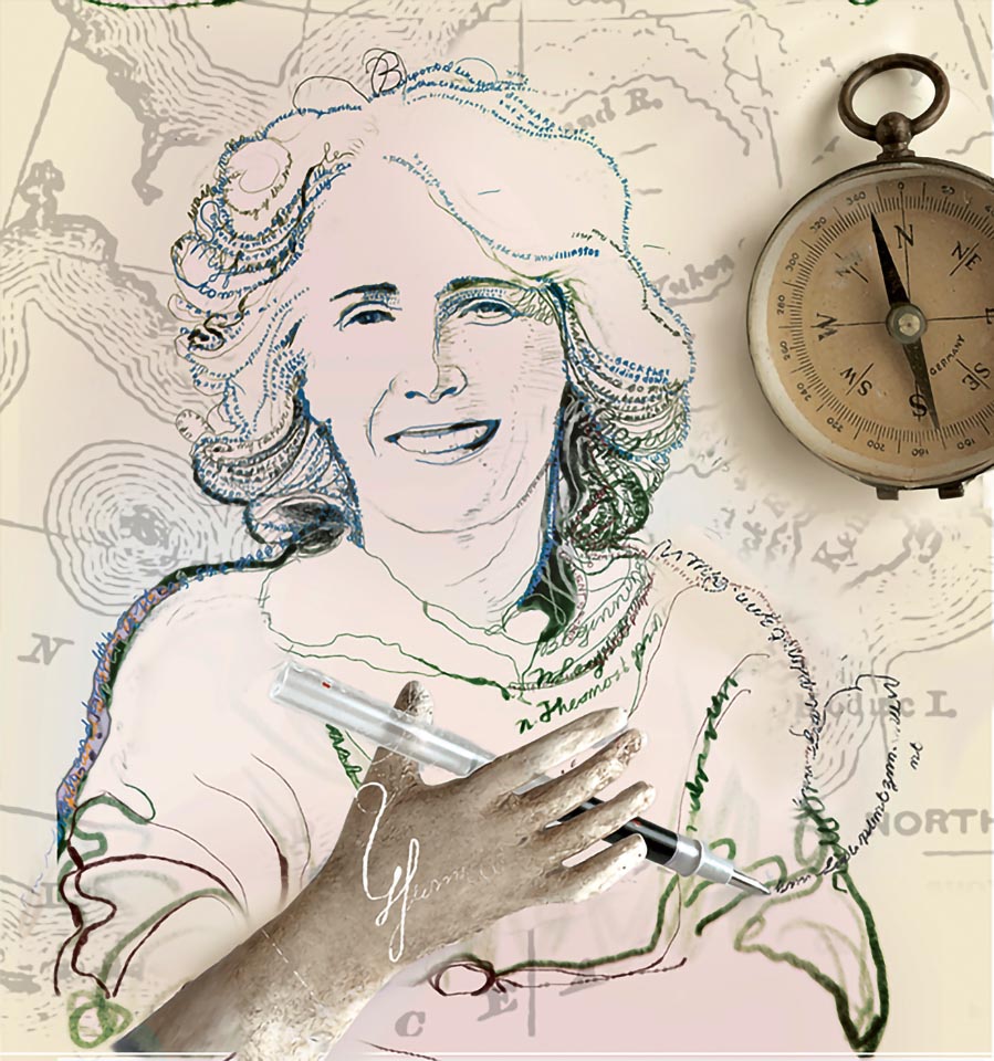 Illustration of Jennifer Brice with a compass and map of Alaska