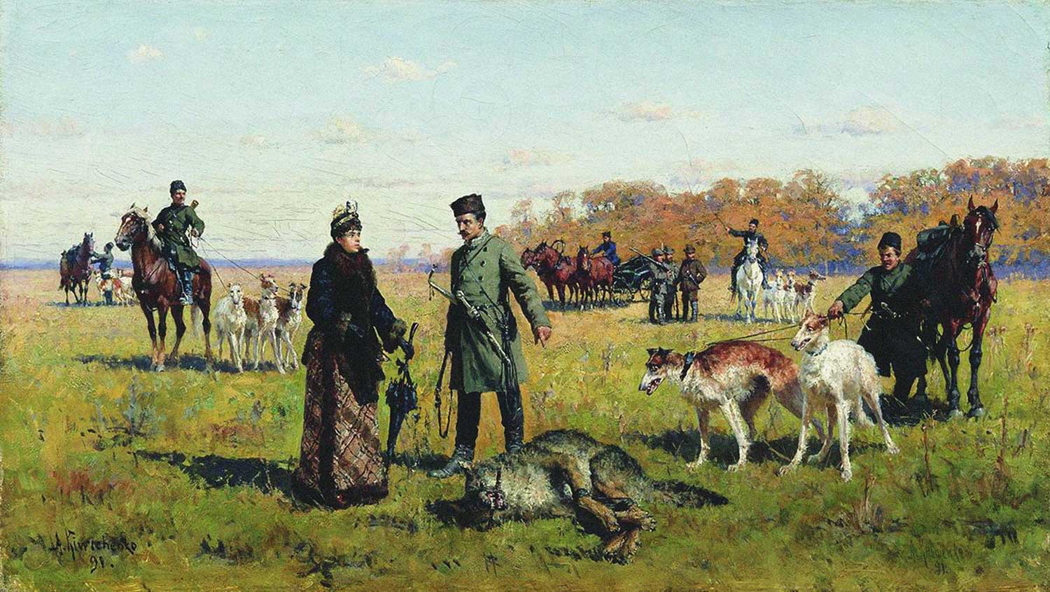 Painting of man and woman pointing at a bound wolf 