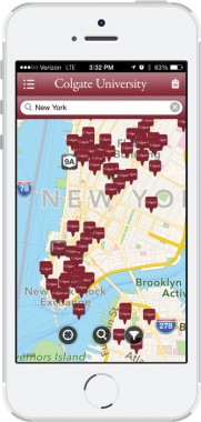 Colgate mobile app showing nearby alumni addresses on a map
