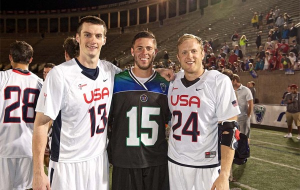 L to R: Matt Abbott, Peter Baum ’13, and Chris Eck ’08 played in the 2014 Major League Lacrosse All-Star Game.