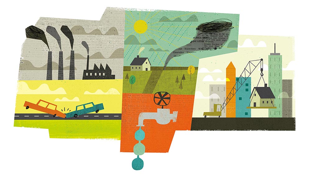 Illustrated graphic collage of environmental impacts
