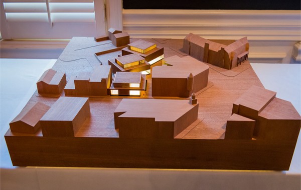 An architectural model of dowtown Hamilton including David Adjaye’s design for the Center for Art and Culture