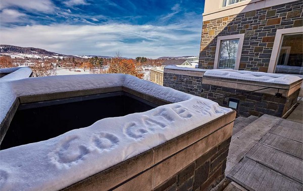 "Go Gate" written in the snow at the top of Persson Stairs