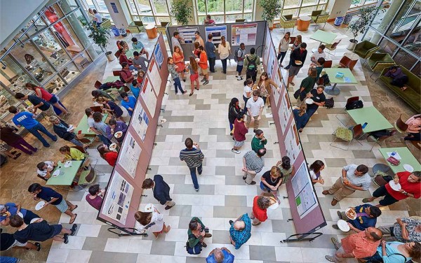 View of poster session from above in the atrium of the Ho Science Center