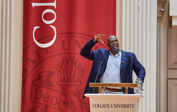 Adonal Foyle speaks at homecoming 2015.