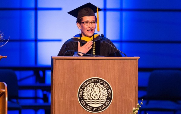 Denise Battles in academic attire at Geneseo's commencement