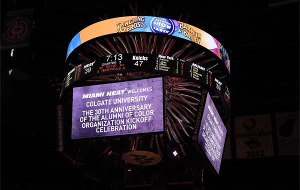 Miami Heat scoreboard celebrates Colgate Alumni of Color to home game.
