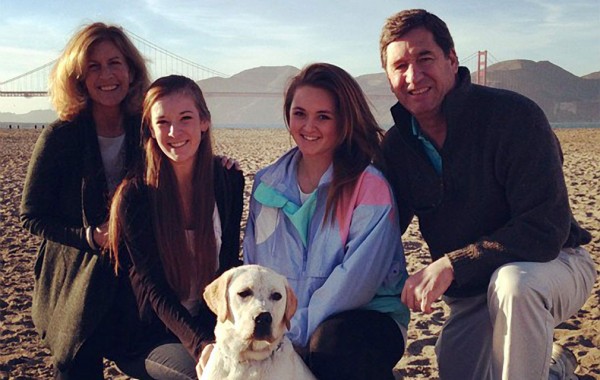 Susan Blick ’15 with her family and dog in front of the Golden Gate Bridge