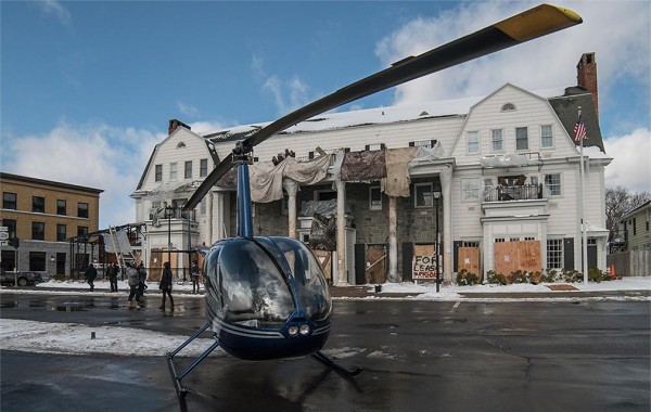 A helicopter in front of the Colgate Inn