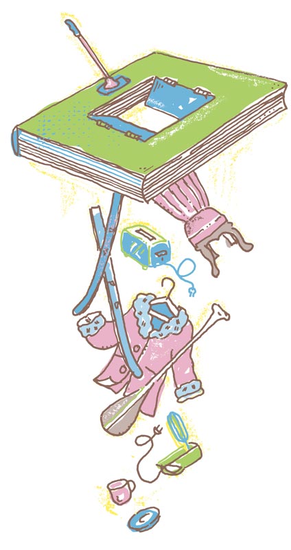 Illustration of assorted objects such as a chair, skis, a coat, and a mixer falling through a book