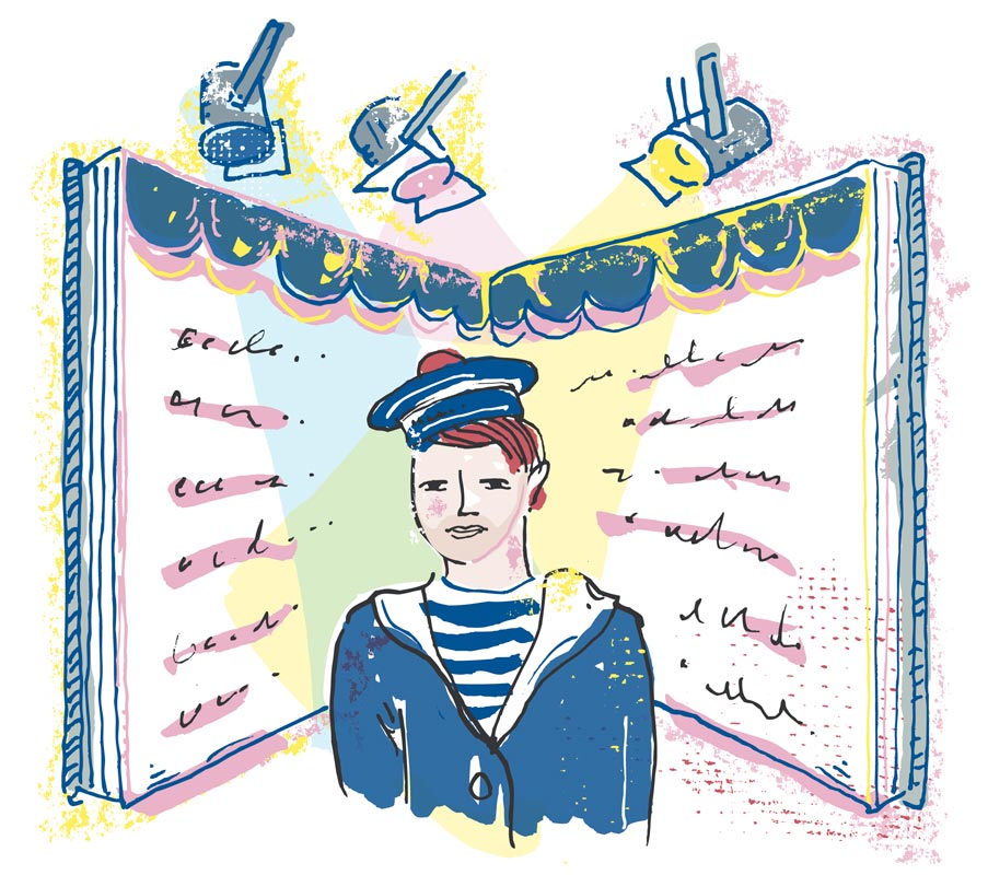 Illustration of a young person in uniform under stage lights in front of a book