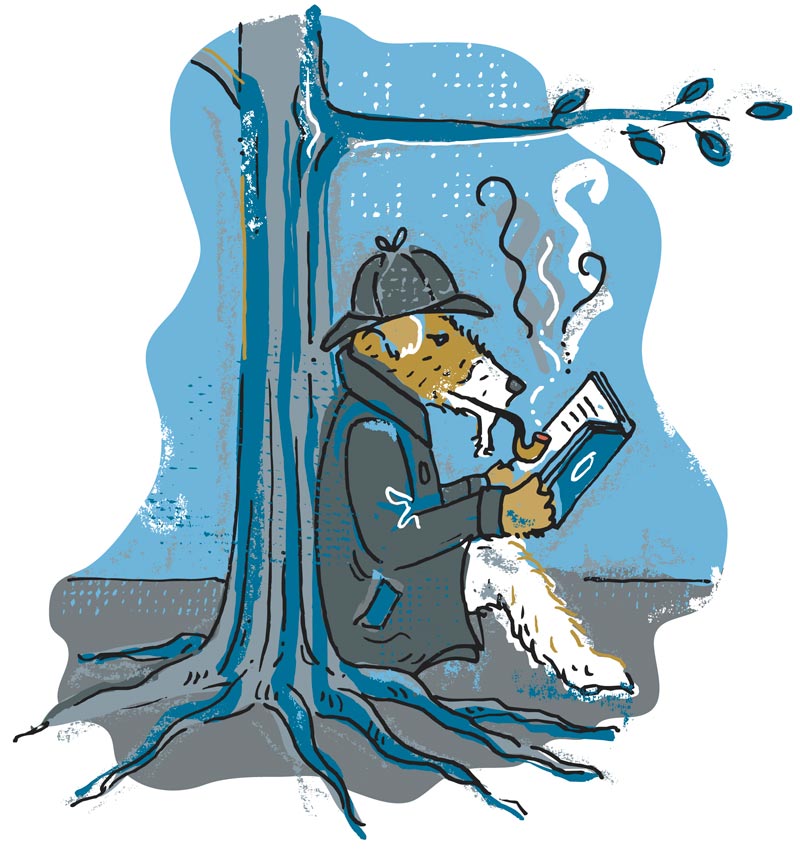 Illustration of an animal dressed as Sherlock Holmes reading and smoking a pipe against a tree