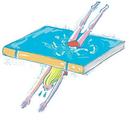 Illustration of a woman diving through a book