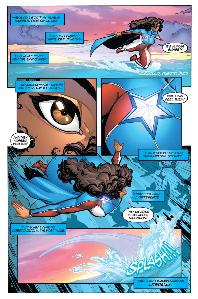 Sample page of comic book in which the hero reflects on her environmentalism while flying over the ocean