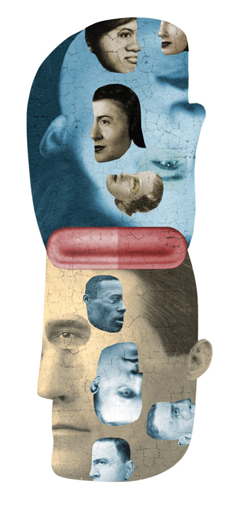 Illustration of male and female face separated by a pill