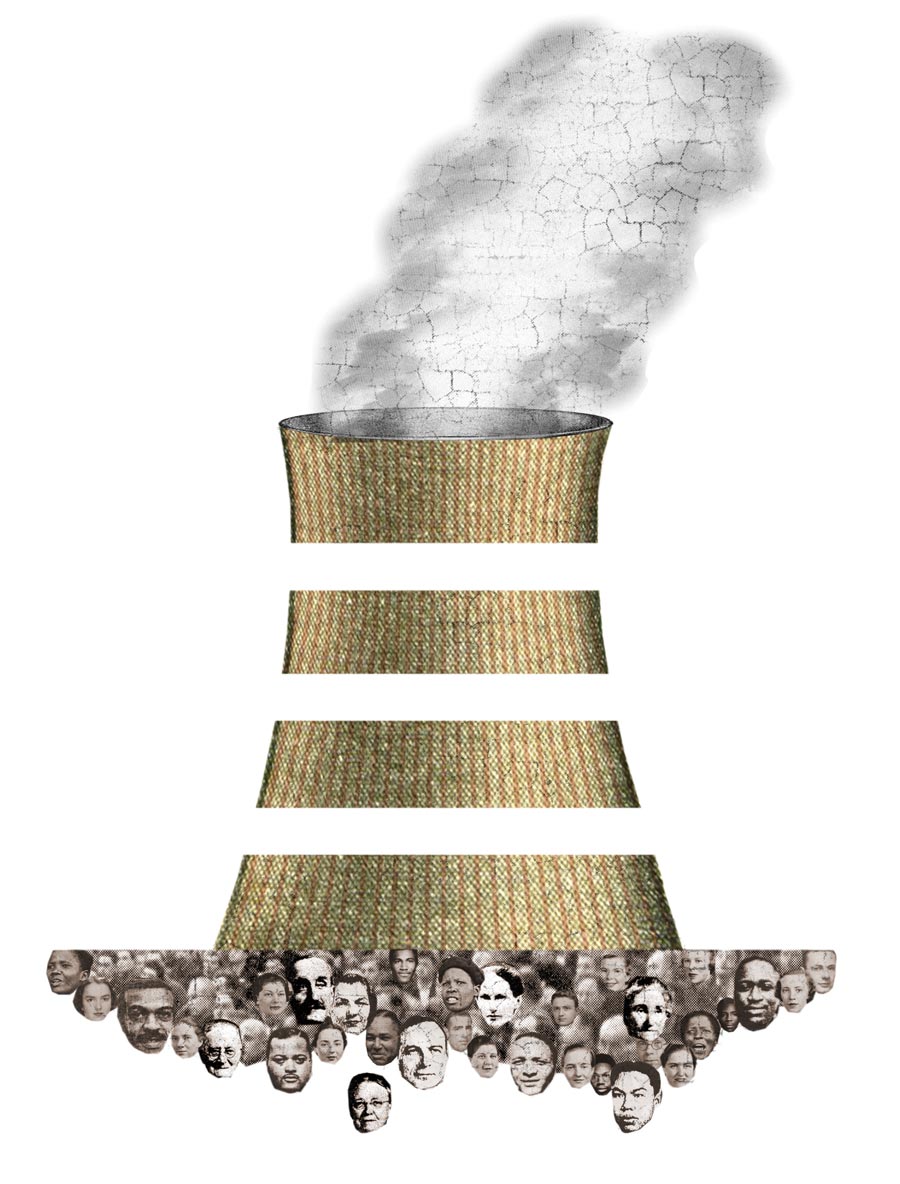 Illustration of faces beneath an nuclear plant stack