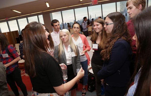 Jennifer Heldmann ’98 speaks with a group of students and alumni