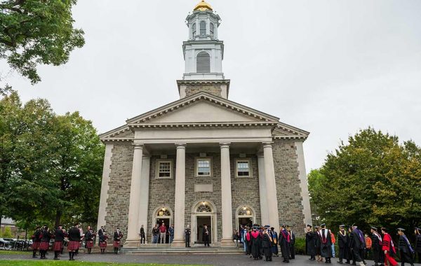 Faculty prepare to enter Memorial Chapel for the presidential inauguration
