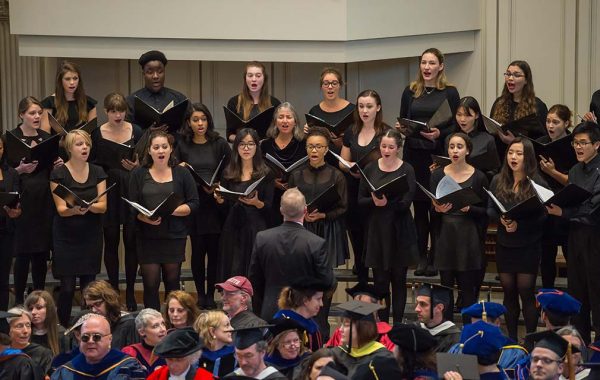 The Sojourners Gospel Choir and Colgate University Chamber Singers perform at the inauguration ceremony