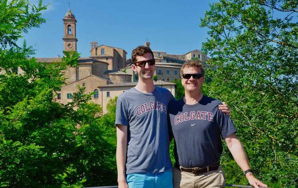 Steve Dickinson ’13 (left) and his dad, Ed ’82, in Colgate gear in Montepulciano.