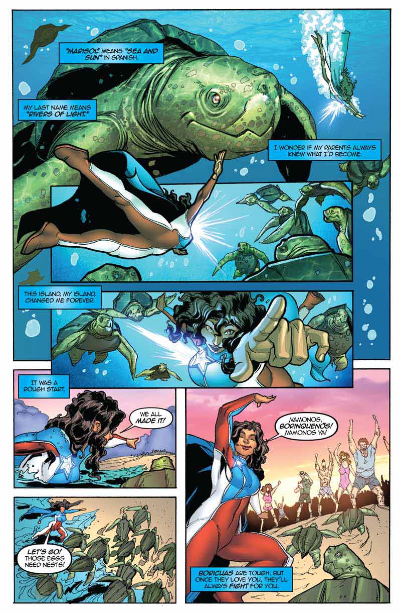 Sample comic strip in which the heroine leads sea turtles to the proper beach
