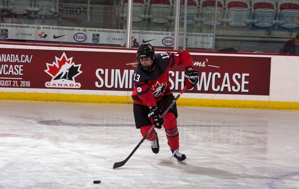 Shae Labbe '19 skating in Canadian hockey uniform