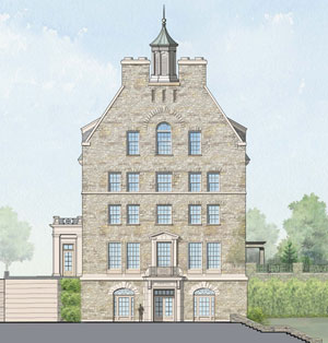 Artist's rendering of the front façade of one of the new residence halls